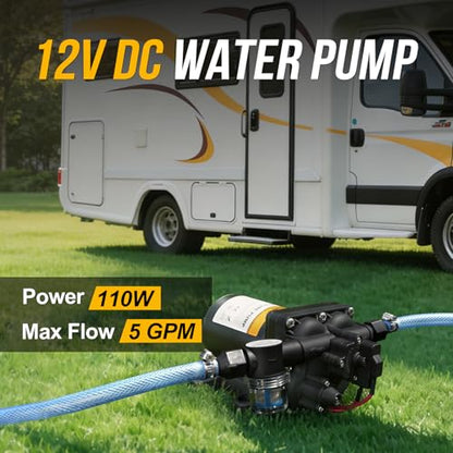 12V RV Water Pump, 5.0 GPM 55 PSI Diaphragm Pump, 12Volt Quiet Fresh Water Pump with Pressure Switch, Self Priming Pressure Pumps for RV Camper Boat Marine Food Truck - size: 5.0 GPM - 55 PSI