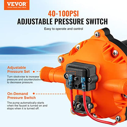VEVOR Water Diaphragm Pump 12V DC 5.5 GPM Flow 70 PSI Rated Pressure - size: 12V, 5.5GPM, 70PSI(Adjustable)