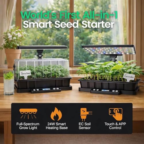 LETPOT Smart Seed Starter Kit with Humidity Dome, Waterproof Seedling Mat & 24W Full-Spectrum LED Grow Light – Smart Heating Base, Soil EC Sensor & App Control for Indoor Germination