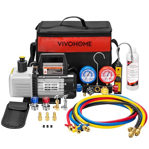 VIVOHOME Upgraded 1/3 HP 5 CFM 1 Stage AC Vacuum Pump and 4 Way Gauge Set | HVAC Vacuum Pump Kit with Leak Detector 5ft Hoses for R134a R410a R12 R22 R502 Car Automotive Mini Split AC Systems - color: black, size: 5CFM