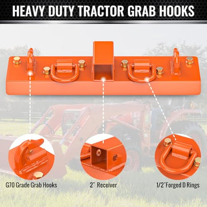 Tractor Bucket Hooks with 2" Receiver, 3/8" Bolt On Grab Hooks&1/2" D Rings