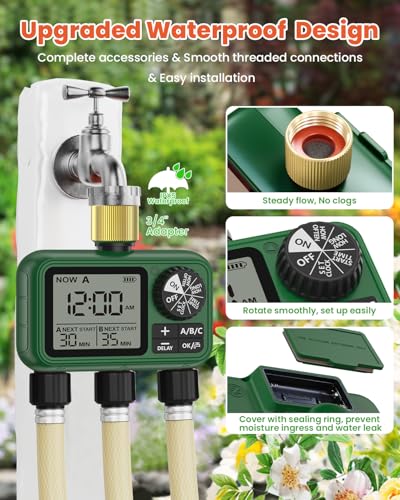 Water Timer for Outdoor Garden Hose, Sprinkler Timer for Garden Faucet with Auto/Manual/Rain Delay Mode, Sprinkler Irrigation Controller for Yard Lawn (3 Zones Brass Inlet & Outlet)
