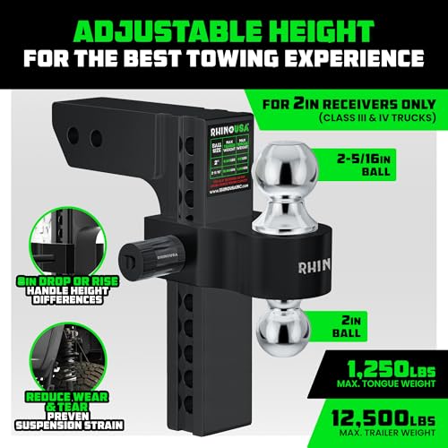Rhino USA Adjustable Trailer Hitch (2in Receiver) - 10in Drop/Rise - color: Black, size: 2"x10"