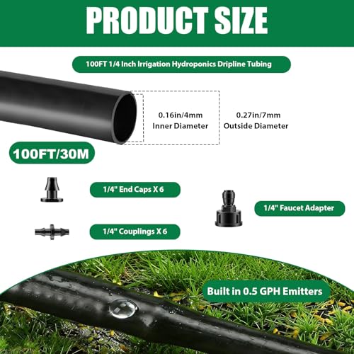 100FT Drip Line Kit Kalolary 1/4 Inch Hydroponics Dripline Hose