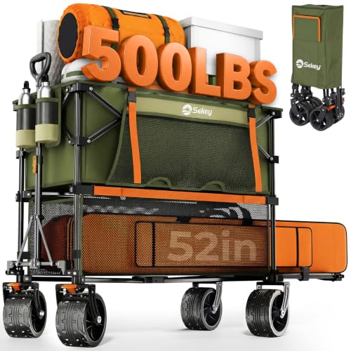 Sekey Double Decker Wagon, 500LBS Heavy Duty Collapsible Utility Cart with 400L Capacity & Extended Lower Shelf, Fits 10x10 Canopy, Foldable Garden Wagon with Big Wheels & Brakes for Sports & Beach - color: Army Green