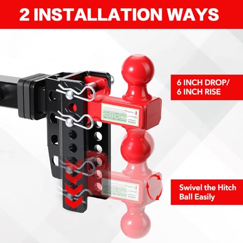 Zero-Noise Adjustable Trailer Hitch for 2 Inch Receiver - 6 Inch Drop/Rise - color: Red, size: 6 Inch Drop/Rise