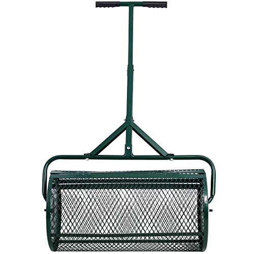 Peat Moss Spreader 24", Compost Spreader Roller, Heavy-Duty Metal Mesh, T-Handle for Lawn, Garden, Manure, Topsoil, 24" W x 27.5" L, Green