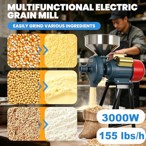 3000W Electric Grain Mill, Heavy Duty Wet ＆ Dry Grinder with Adjustable Thickness for Coarse to Fine Grinding, Commercial Flour Mill for Dry Corn Wheat Rice Soybeans - size: Dry and Wet - Grayish blue