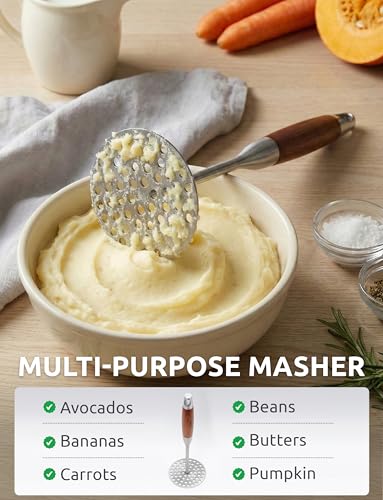 DUGATO Potato Masher, Stainless Steel Masher Tool with Wood Handle