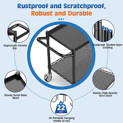 Utility Tool Cart with Wheel, 45In Large Rolling Utility Carts with Handle - color: 2-black, size: 2 Tier