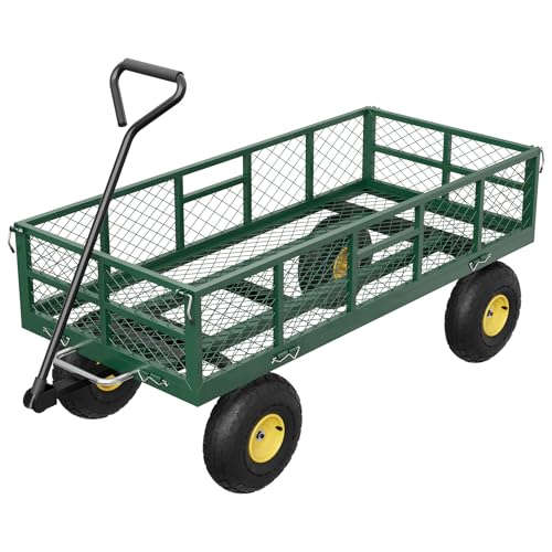 Garden Dump Cart with Removable Sidewalls, 900 LBS Heavy Duty Steel Dump Wagon with 180° Swivel Handle & 10-inch Tires, Yard Cart Utility Wheelbarrow for Backyard Farm, Green