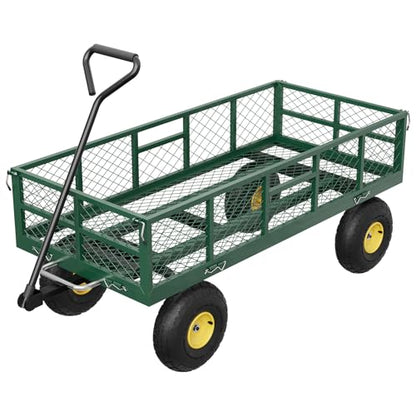 Garden Dump Cart with Removable Sidewalls, 900 LBS Heavy Duty Steel Dump Wagon with 180° Swivel Handle & 10-inch Tires, Yard Cart Utility Wheelbarrow for Backyard Farm, Green