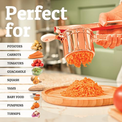 PriorityChef Large 15oz Potato Ricer, Heavy Duty Stainless Steel Potato Masher and Ricer Kitchen Tool, Press and Mash Kitchen Gadget For Perfect Mashed Potatoes - Everytime, Rose Gold and Pink - color: Rose Gold Pink