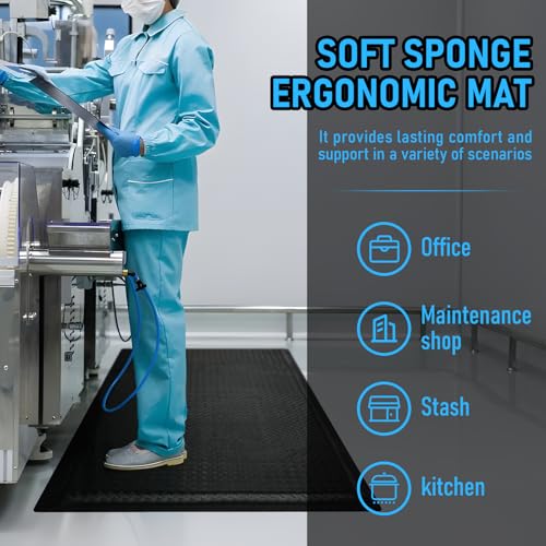 3 x 6 FT Anti Fatigue Mats Industrial 15/16 Inch Thick Soft Sponge Ergonomic Mat Durable Heavy Duty Diamond Plate for Standing Non Slip Industrial Grade Floor Mat for Leg & Back Pain (Black) - size: 72"L x 36.2"W x 0.9"Th