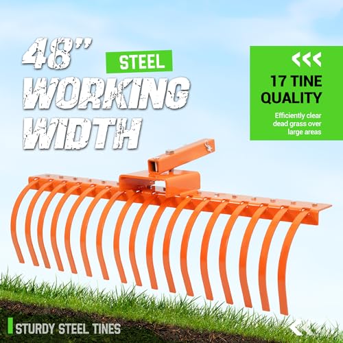 48" Tow Behind Rake 2" Receiver ATV UTV Tractors Heavy-Duty Steel Orange