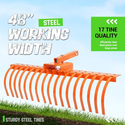 48" Tow Behind Rake 2" Receiver ATV UTV Tractors Heavy-Duty Steel Orange
