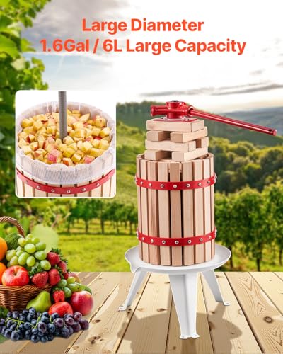 VEVOR 1.6 Gal/6L Fruit Wine Press, Solid Wood Basket with 8 Blocks, Heavy Duty Manual Juice Maker, Cider Apple Grape Tincture Honey Olive Oil Making Press with Handle for Kitchen, Home - size: 1.6 Gal