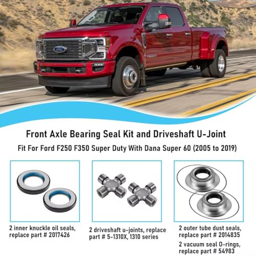 Front Axle Vaccum Knuckle Seal & Hub O-Ring & Dust Seals Kit With Driveshaft U-Joint Fit For Ford F250 F350 Super Duty With Dana Super 60 (2005 to 2019) - size: Driveshaft U-Joint & Front Axle Bearing Kit