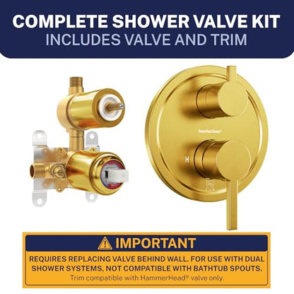 HammerHead Showers Solid Metal Two-Handle Shower Valve and Trim Kit, Volume and Temperature Control with Integrated Diverter, Pressure Balance Rough-In Valve Included, Brushed Gold - color: Brushed Gold