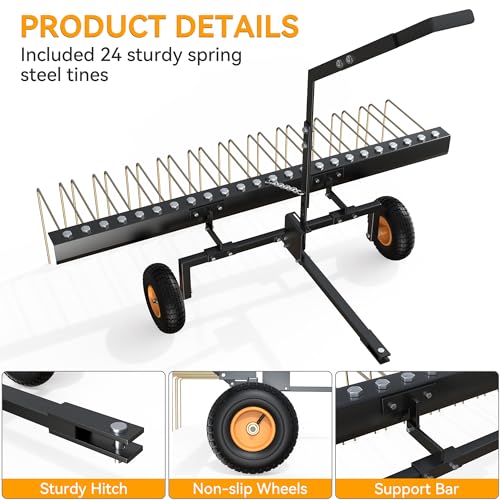 YINTATECH 60" Pine Needle Rake Tow Behind, Lawn Tractor Straw Rake Fit for ATV&Tractor, 24 Tines, Black & Gold