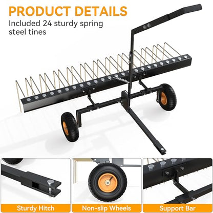 YINTATECH 60" Pine Needle Rake Tow Behind, Lawn Tractor Straw Rake Fit for ATV&Tractor, 24 Tines, Black & Gold
