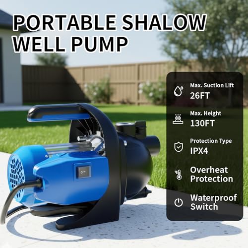 FOTING 1HP Shallow Well Pump, 865GPH Jet Pumps Garden Pump, Water Transfer Draining Irrigation Pumps, Water Booster Jet Pump Stainless Steel for Home Garden Lawn Farm, Blue