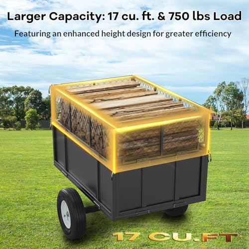 Heavy Duty 750 lbs Steel Dump Cart - 17 Cu.Ft Tow-Behind Utility Trailer - Removable Mesh Sides - Pneumatic Tires - for Lawn Mower, Tractor, ATV, Yard, Landscaping - Quick-Dump Design