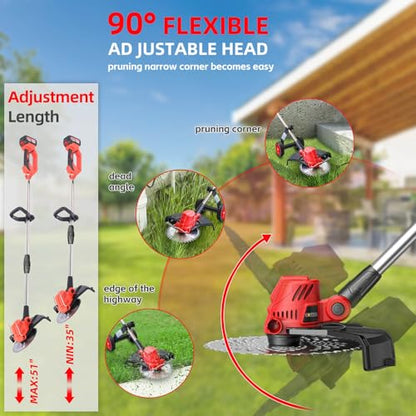 Cordless Weed Wacker with 2 x 4.0Ah Batteries and Wheel - color: Red