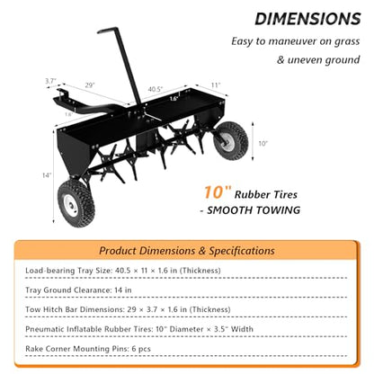 VINGLI 40" Tow Behind Lawn Plug Aerator with Weight Tray, 24 Knives, Adjustable Handle & 10" Inflatable Wheels, Universal Hitch for Lawn Tractor ATV UTV, Garden, Yard, Farm, Black