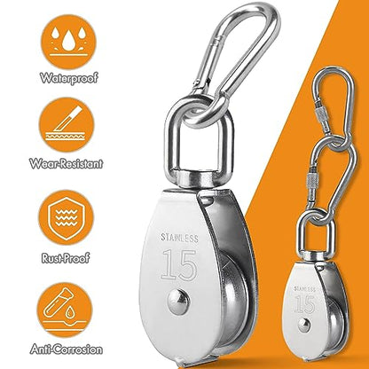 LAIWOO M20 Heavy Duty Stainless Steel Pulley Block, Rope and Hooks, 2 Pack - size: M20