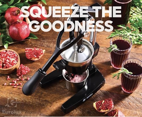 Eurolux Ultra-Premium Cast Iron Juicer | Extra-Large, Heavy Duty, Commercial Grade, Stainless Steel Manual Hand Press Citrus Squeezer For Fresh Orange Juice, Pomegranate, Lemon, and Much More (Black) - color: Black
