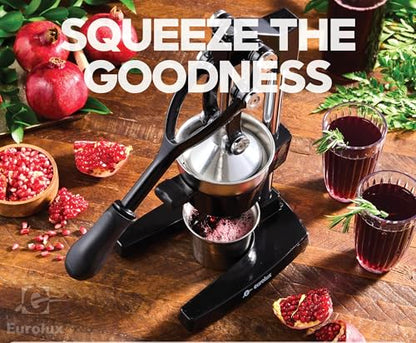 Eurolux Ultra-Premium Cast Iron Juicer | Extra-Large, Heavy Duty, Commercial Grade, Stainless Steel Manual Hand Press Citrus Squeezer For Fresh Orange Juice, Pomegranate, Lemon, and Much More (Black) - color: Black