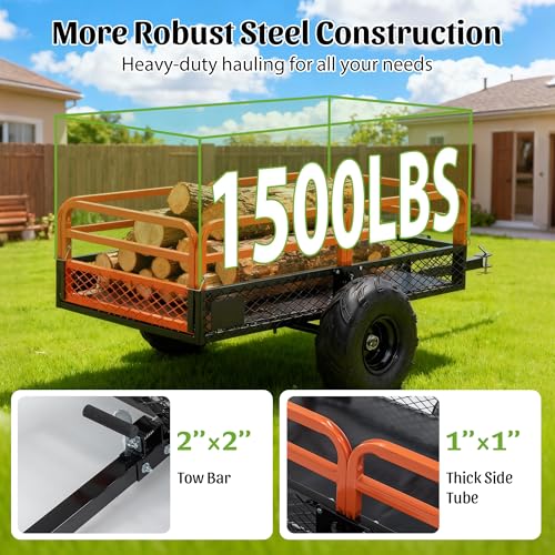ATV UTV Trailer Tow Behind Dump Cart 1500lbs 15 Cubic Feet Heavy Duty