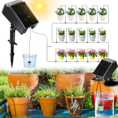 Maxmartt Solar Automatic Drip Irrigation Kit System, Solar Powered Auto Easy DIY Watering Device Supported Pots Plants, 6 Timing Modes with Anti-Siphoning Device