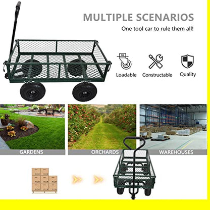 Heavy-Duty Outdoor Utility Cart - Garden Wagon Cart With Removable Sides - Steel Rolling Tool Cart - Foldable Lawn Cart with Wheels - Flatbed Gardening Cart - Yard And Farm Dump Cart wit Handle- Green - color: Green