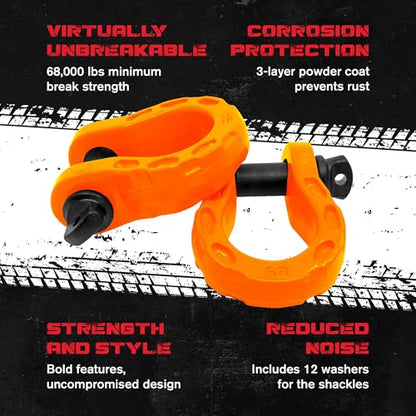 GearAmerica Mega D Ring Shackles - 68,000 lbs Towing Capacity, Stronger than 3/4″ D Rings - Tow Shackle Kit with 7/8″ Pin & Washers for Secure Connection of Tow Strap/Winch Rope in Off-Road Recovery | Heavy duty tow strap 3/4" 35,053 lb break strength, tr