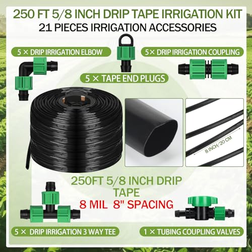 250 ft 5/8 Inch Drip Tape Irrigation Kit Drip Tape 8 Mil 8" Spacing Hose Garden Watering Tubing System Automatic Irrigation Equipment for Plant, Landscape, Yard, Lawn and Farm - size: 8 Mil, 250ft