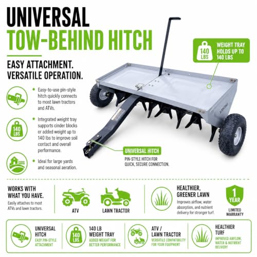 Yard Commander - 48-Inch Tow Behind Plug Aerator for Lawn Tractor & ATV, 32 Core Plug Tines, 2.5” Soil Penetration, Heavy Duty Steel Aerator, Weight Tray & 10” Pneumatic Tires for Lawn & Garden Care