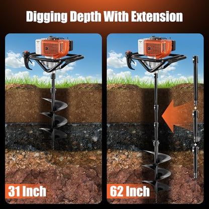 Baotree 72cc Gas Powered Post Hole Digger Earth Auger, 6" & 8" Bits, 2 Rods - size: 72cc