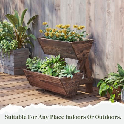 Wooden Vertical Raised Garden Bed with Legs, Tiered Planter Box, Vertical Garden Planter,Wood Plant Stand Wood Flower Rack for Patio, Balcony, Freestanding. (Carbonized-2 Tiers) - color: Carbonized, size: 2 tiers-Small