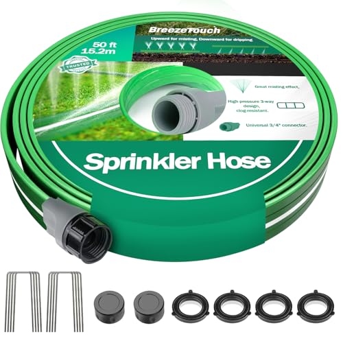 50 FT Three-Tube Flat Sprinkler Hose with Holes with U-Shaped Stakes - size: 50FT