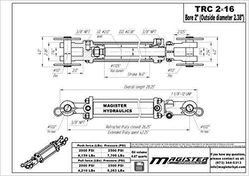 Double Acting Hydraulic Cylinder - AG Tie-Rod Hydraulic Cylinder 2500 PSI Agriculture Standard 2" bore 16" Stroke (2x16) - size: 16" Stroke, style: 2" Bore