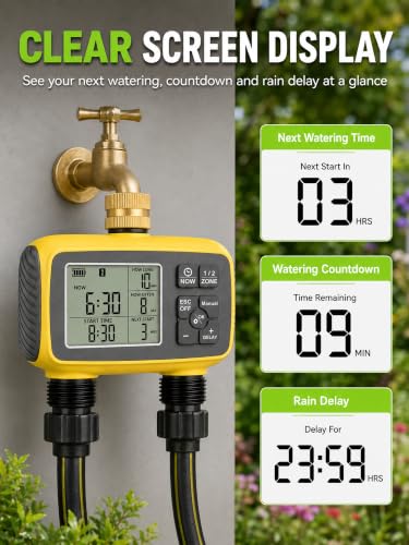 Hose Timer 2 Outlet, 2 Zone Programmable Sprinkler Timer with Rain Delay & Manual Mode, Heavy Duty Digital Timer for Garden Hose, Auto Irrigation Controller for Lawn, Yard & Drip Irrigation Outdoor