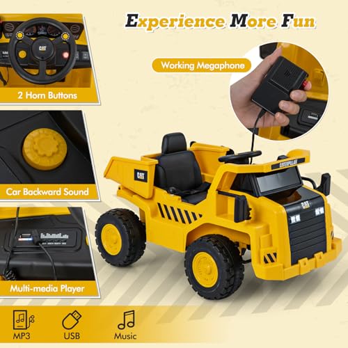 Costzon Ride on Dump Truck, 12V Licensed Caterpillar Kids Electric Vehicle W/Remote Control, Megaphone, Shock Absorbers, Dump Bed, MP3, Ride on Construction Vehicle for Kids, Gift for Boys Girls 3-6