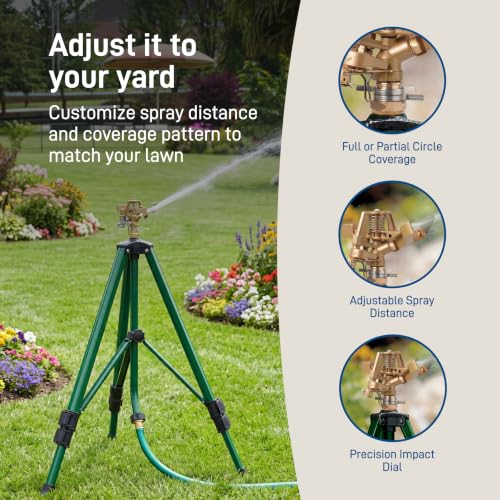 Orbit 1/2 Inch Brass Impact Sprinkler - Adjustable Metal Tripod - Long Range Lawn Watering System - 360 Degree Rotating Sprinkler - Heavy Duty Irrigation System - Adjustable 22-48 Inch Height - 58308 - style: Brass Impact Sprinkler