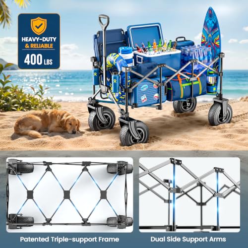 All-Terrain Beach Wagon with 10" x 3.5" Big Inflatable Rubber Wheels for Sand, 220L Collapsible Utility Wagon, 400 lbs Heavy Duty Folding Cart with 2 Cup Holders for Camping, Sports, Garden, Black
