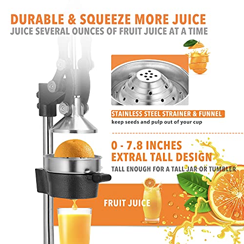 19 Inch Height Extra Tall Commercial Heavy Duty Cast Iron Hand Press Manual Orange Citrus Lemon Lime Grapefruit Pomegranate Fruit Juice Squeezer Machine with Stainless Steel Cup Black - color: Black, size: 19 Inch
