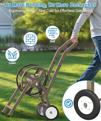Artigarden Garden Hose Reel Cart with Wheels, Holds 165 ft of 5/8’’ Hose Outdoor Heavy Duty Powder-coated Steel Water Storage Holder Rack with 3.9 Ft Leader Hose for Outside Lawn Yard, Brown