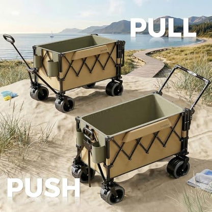SUNNYFEEL 550LBS Collapsible Wagon Cart - Heavy Duty Push Pull Foldable Wagon with Dual Handles and Big Wheel,Utility Cart with Rear Tailgate for Camping, Fishing, Gardening, Shopping, Grey - color: Brown