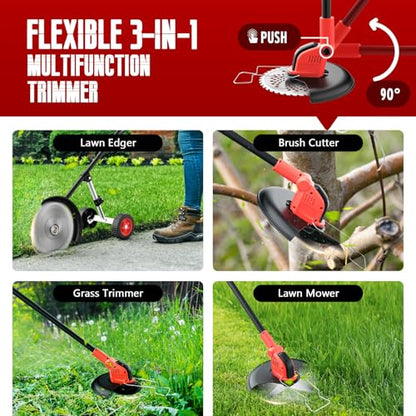 20000 RPM Electric Weed Wacker with Wheel,12″ Brushless Cordless Weed Eater Battery Powered, 4-in-1 Brush Cutter/String Trimmer/Grass Trimmer/Lawn Mower,Edger Stringless Weed Trimmer,5 Blade,2 Battery